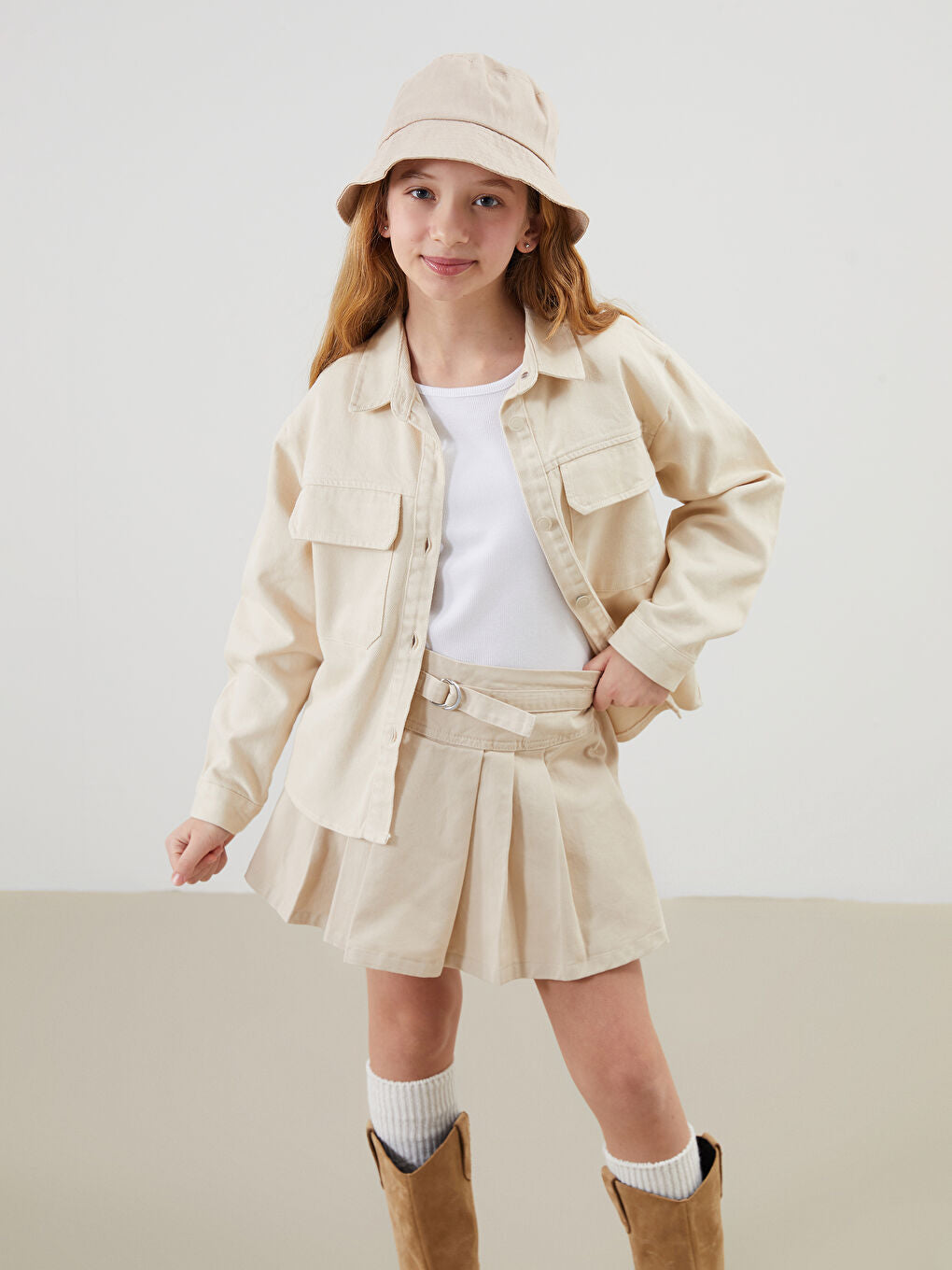 LCW Kids Beige Pocket Girl Shirt Jacket