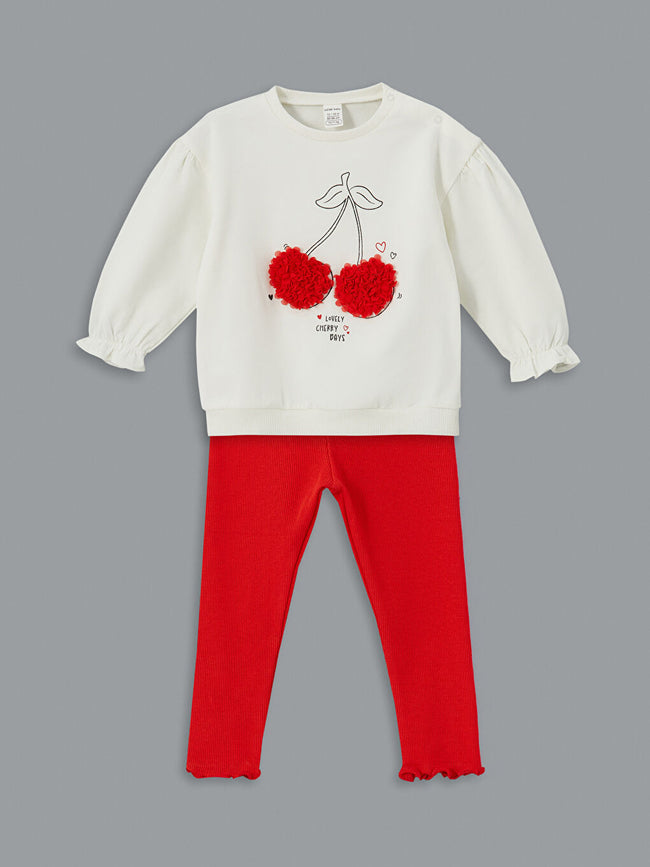 LCW baby Ecru Crew Neck Cherry Printed Baby Girl Sweatshirt and Tights 2-Pack Hover Image