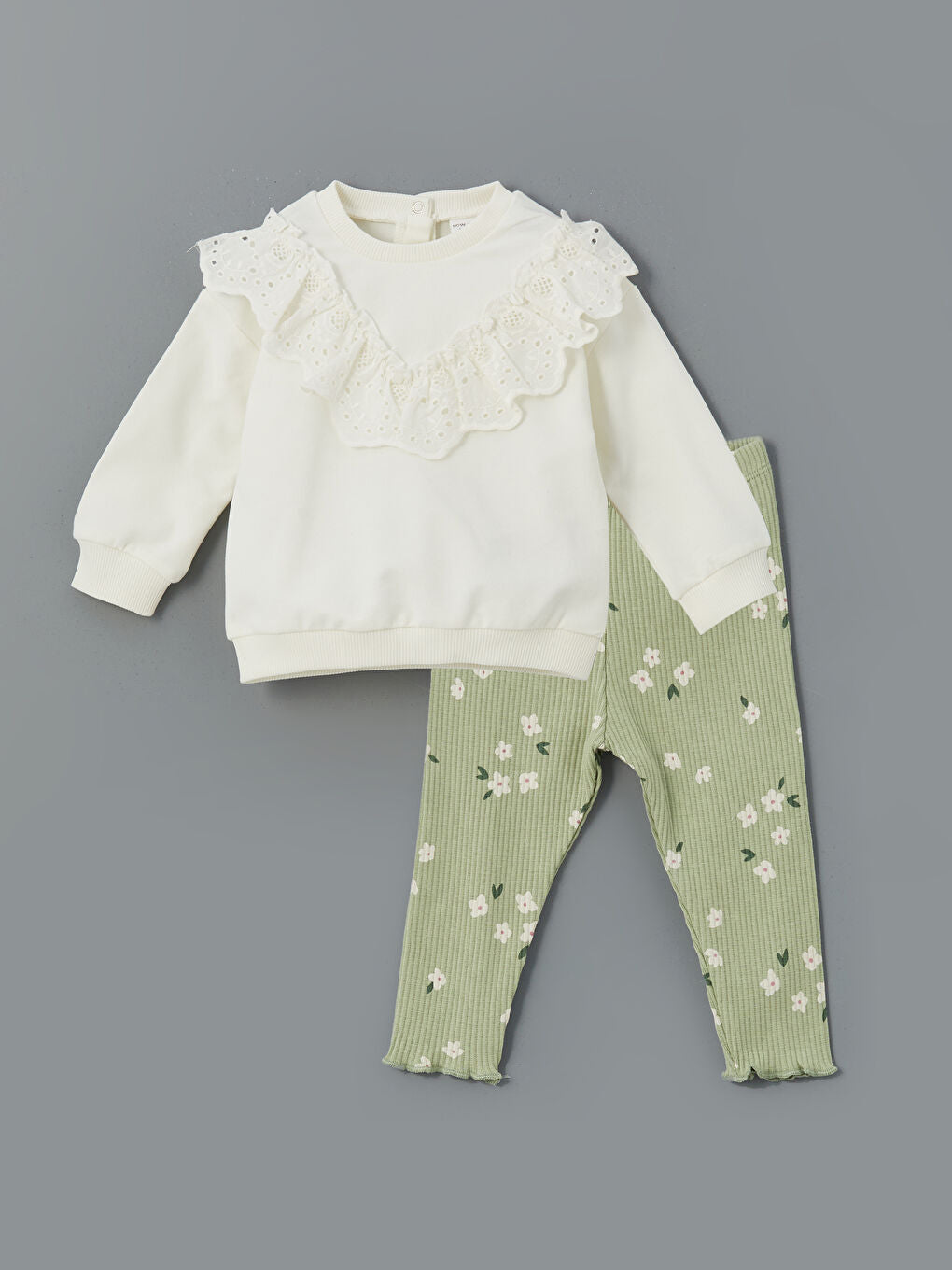 LCW baby Ecru Crew Neck Baby Girl Sweatshirt and Tights 2-Pack