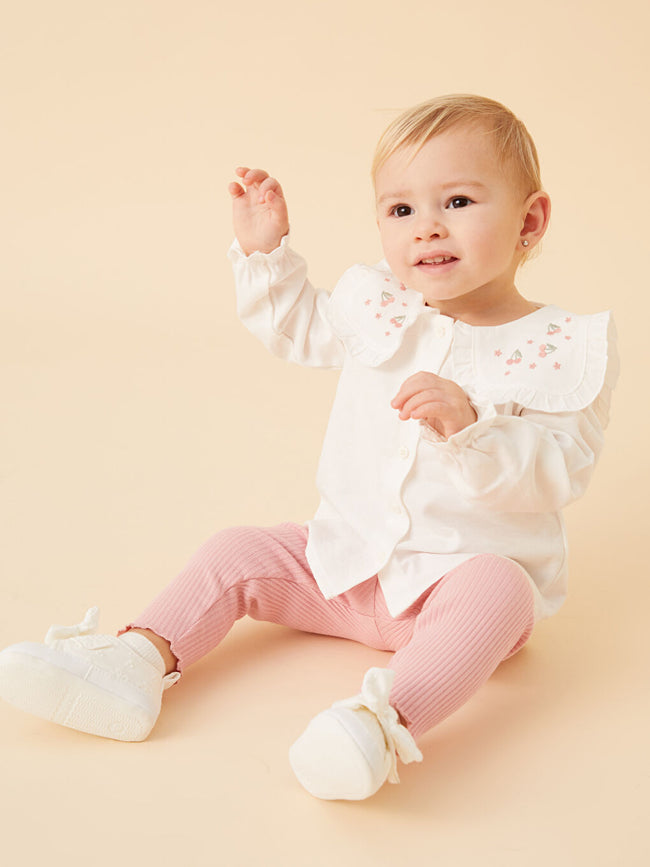 LCW baby Ecru Crew Neck Embroidered Baby Girl Shirt and Tights 2-Pack Hover Image