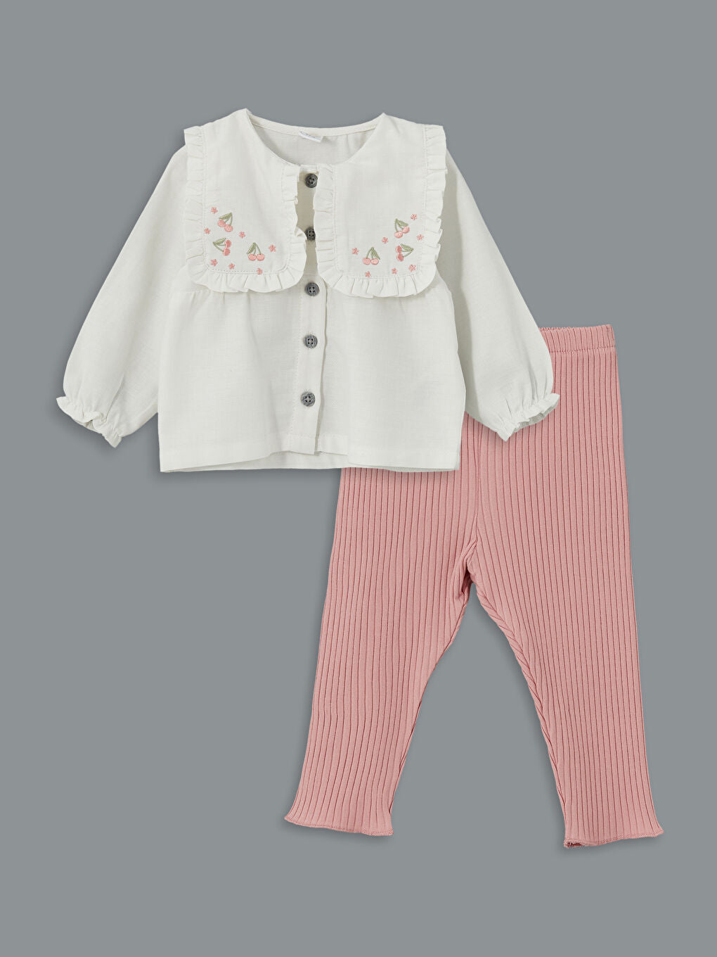 LCW baby Ecru Crew Neck Embroidered Baby Girl Shirt and Tights 2-Pack