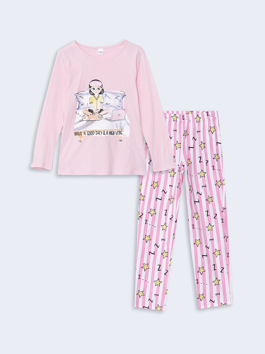LCW Kids Pink Crew Neck Girls Pajama Set