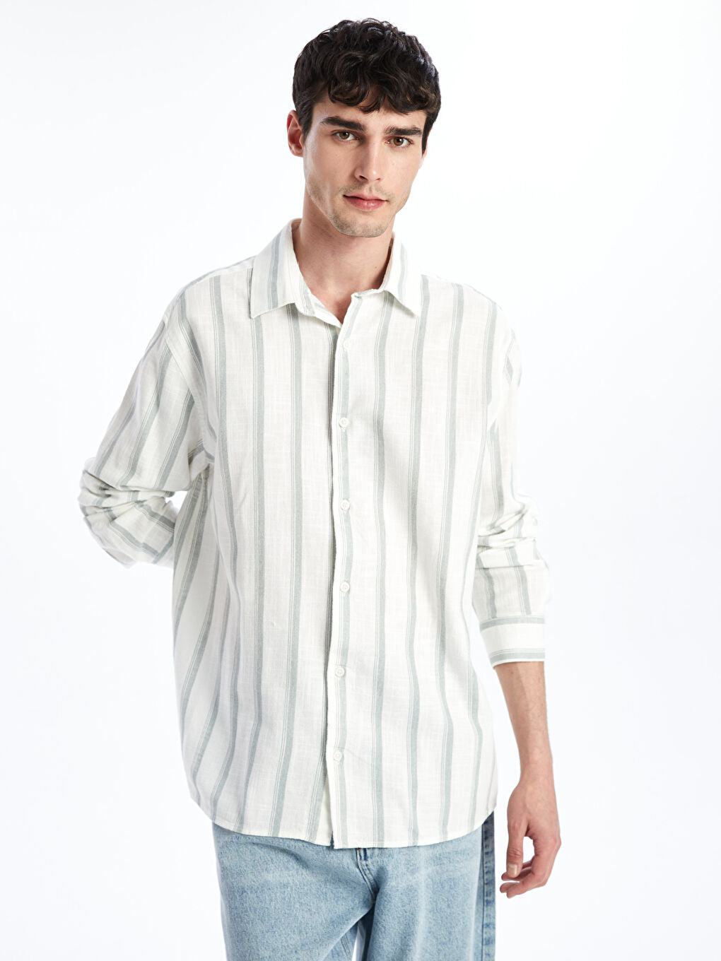 XSIDE Green Regular Fit Long Sleeve Striped Men Shirt
