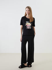 LCW DREAM Black Elastic Waist Women Pajama Bottoms