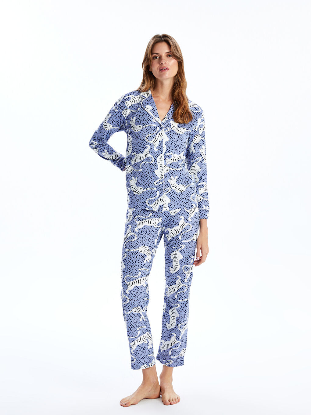LCW DREAM Lilac Shirt Collar Zebra Patterned Women Pajama Set