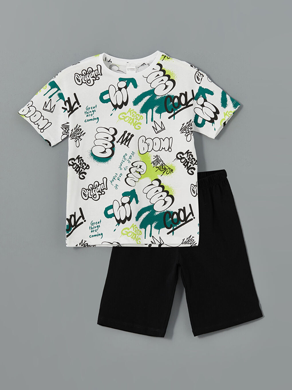 LCW Kids White Crew Neck Boy Shorts Pajama Set