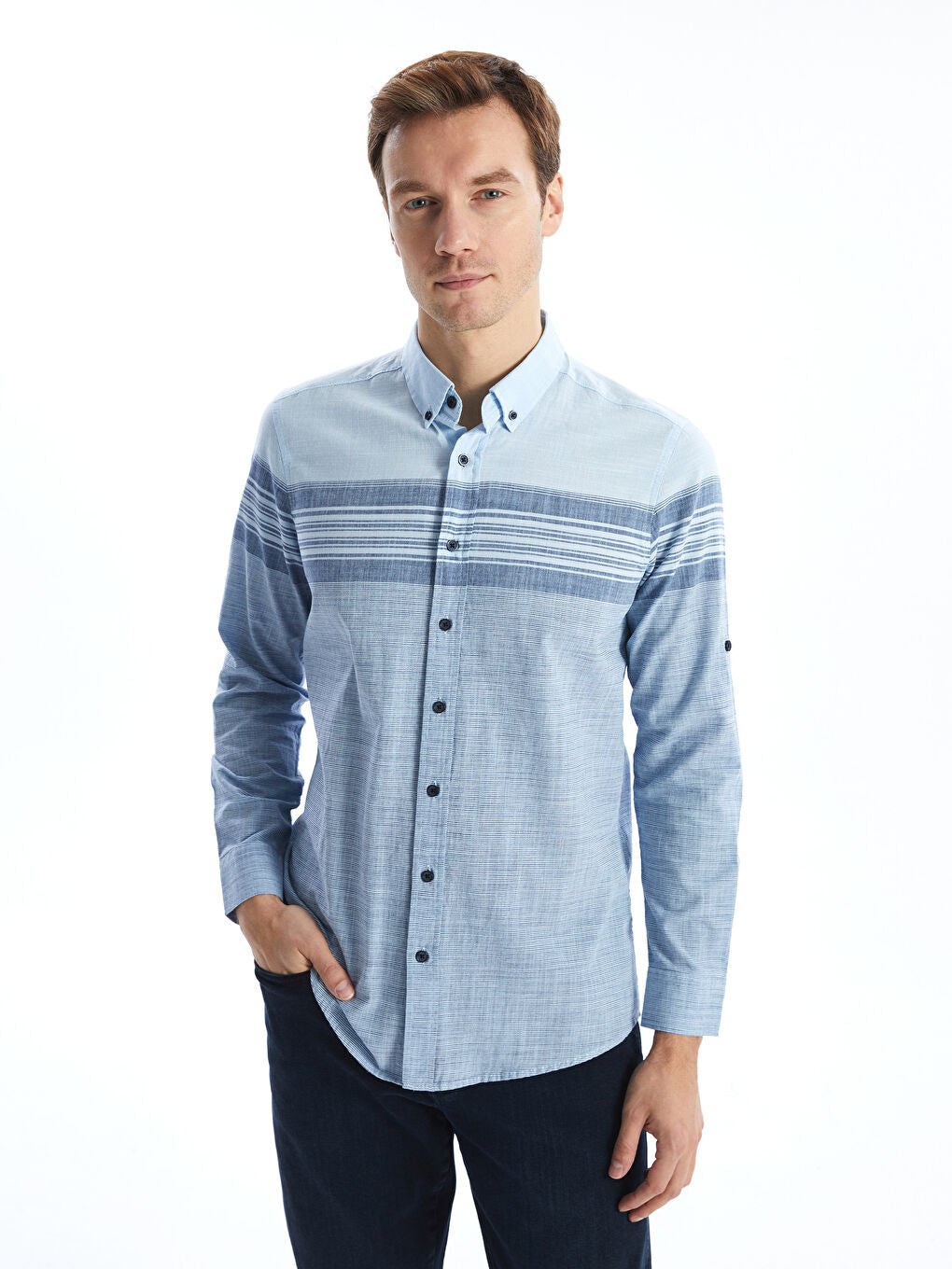 LCWAIKIKI Classic Blue Regular Fit Long Sleeve Striped Poplin Men Shirt