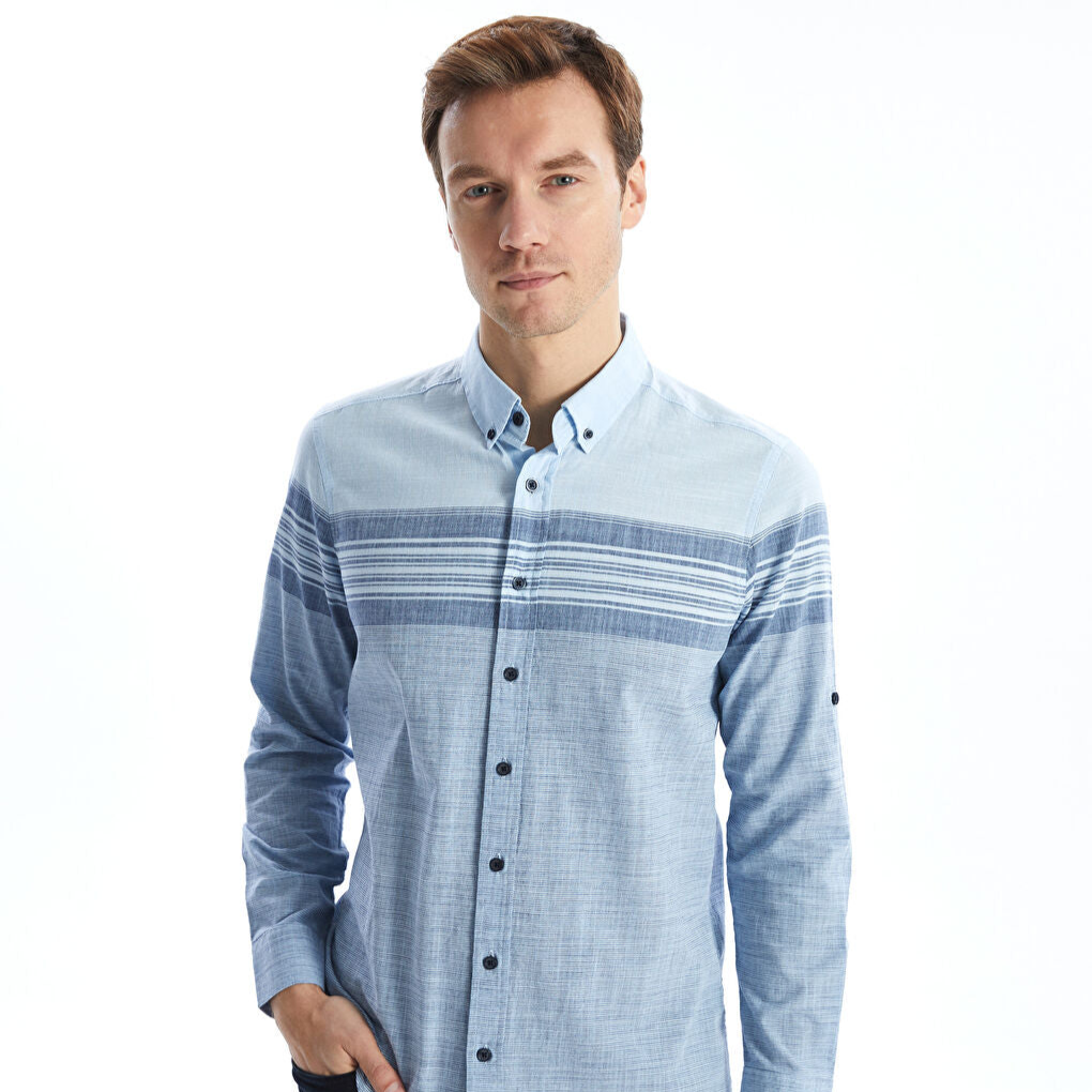 LCWAIKIKI Classic Blue Regular Fit Long Sleeve Striped Poplin Men Shirt