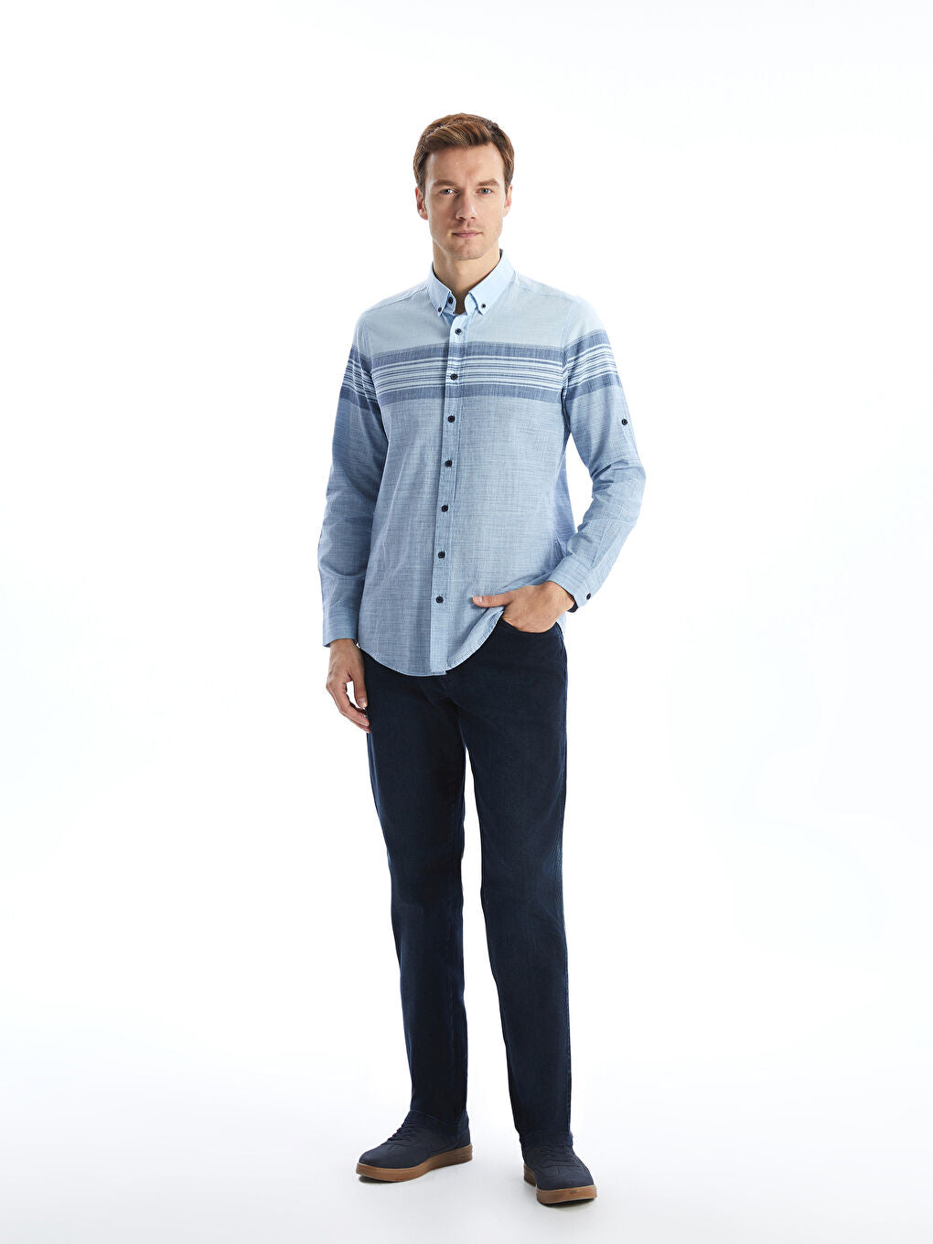 LCWAIKIKI Classic Blue Regular Fit Long Sleeve Striped Poplin Men Shirt