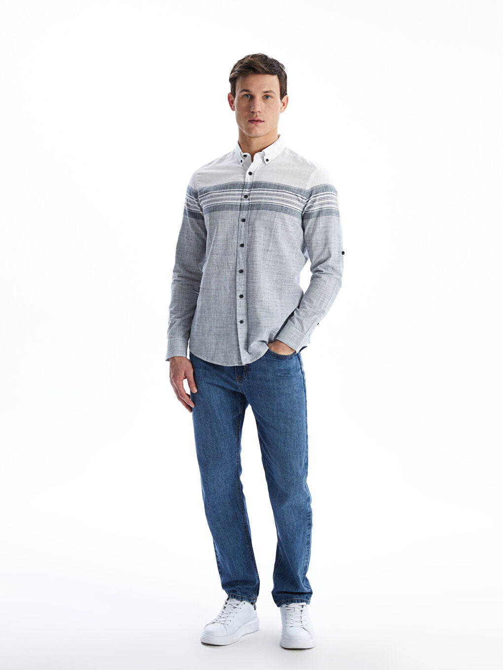 LCWAIKIKI Classic Blue Regular Fit Long Sleeve Striped Poplin Men Shirt