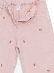 LCW Kids Pink Embroidered Waist Adjustable Girls Trousers