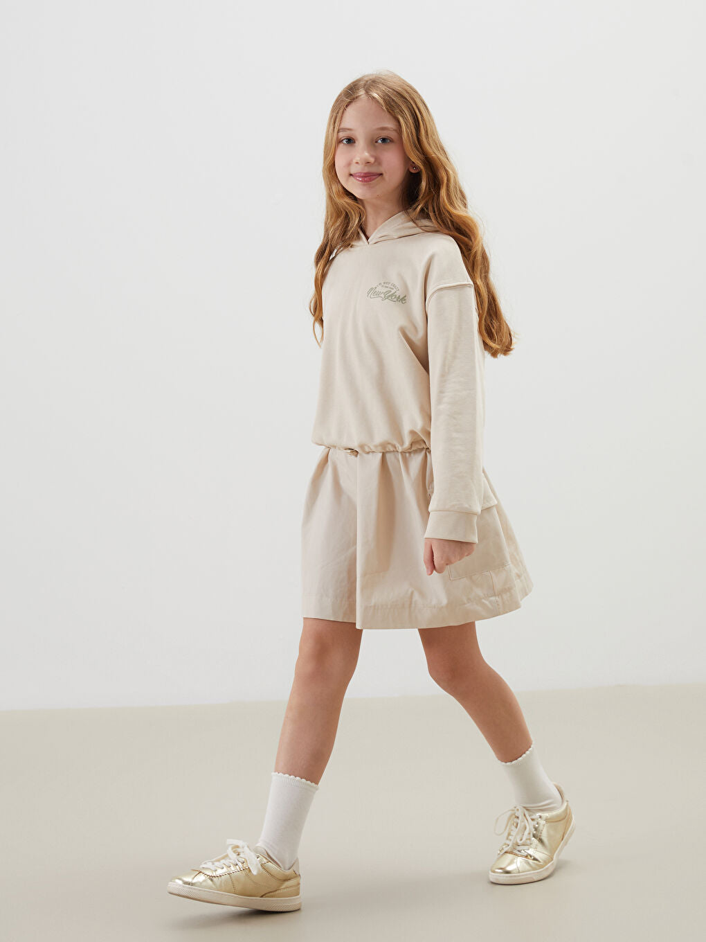 LCW Kids Beige Hooded Girl Dress