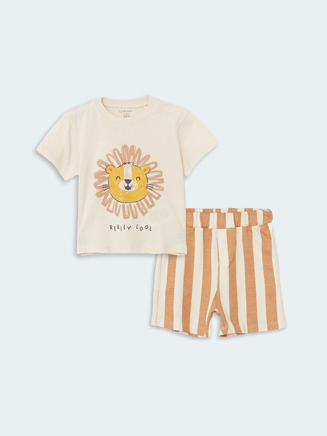 LCW baby Beige Crew Neck Printed Baby Boy T-Shirt and Shorts 2-Pack Hover Image