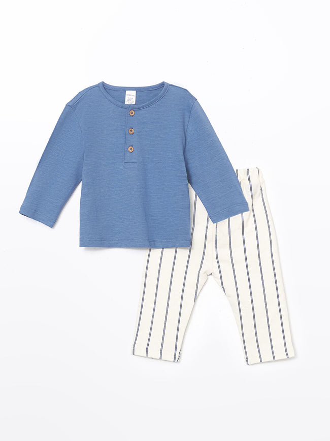 LCW baby Blue Crew Neck Basic Baby Boy T-Shirt and Pants 2-Pack Hover Image