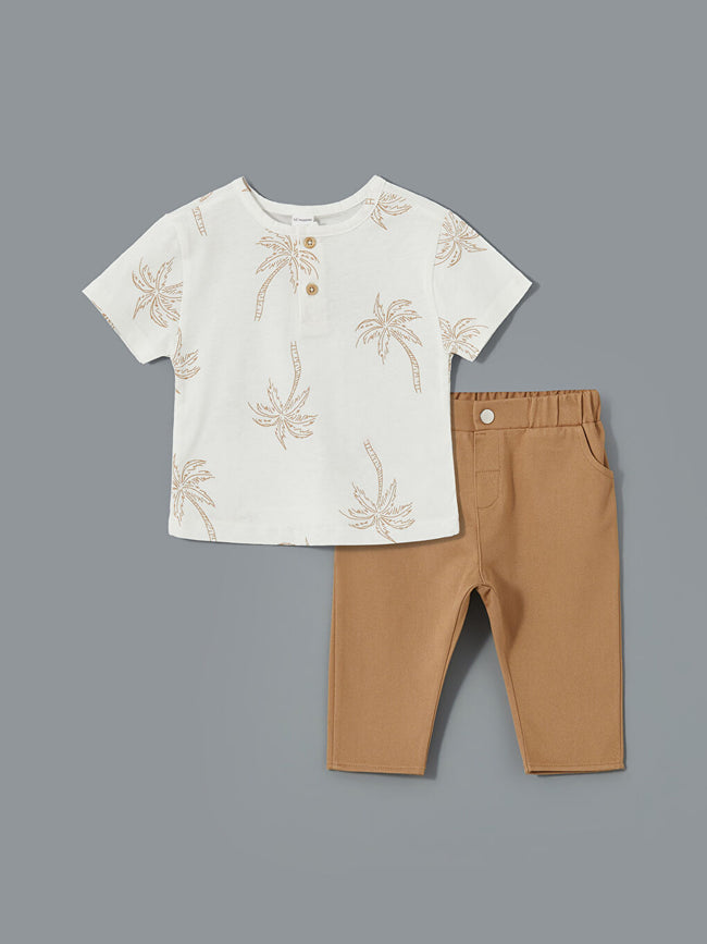 LCW baby Ecru Crew Neck Printed Baby Boy T-shirt and Pants 2-Piece Set Hover Image