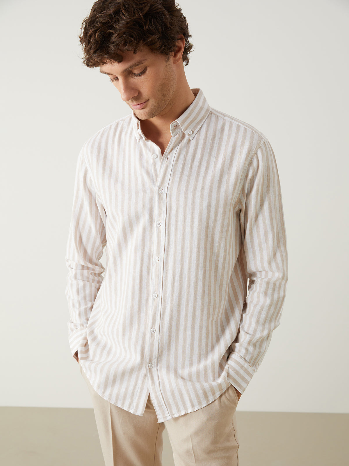 Regular Fit Long Sleeve Striped Poplin Men Shirt