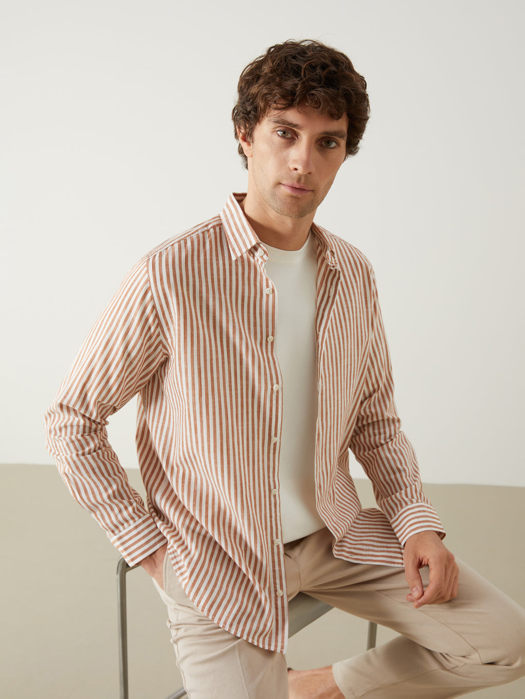Slim Fit Long Sleeve Striped Poplin Men Shirt