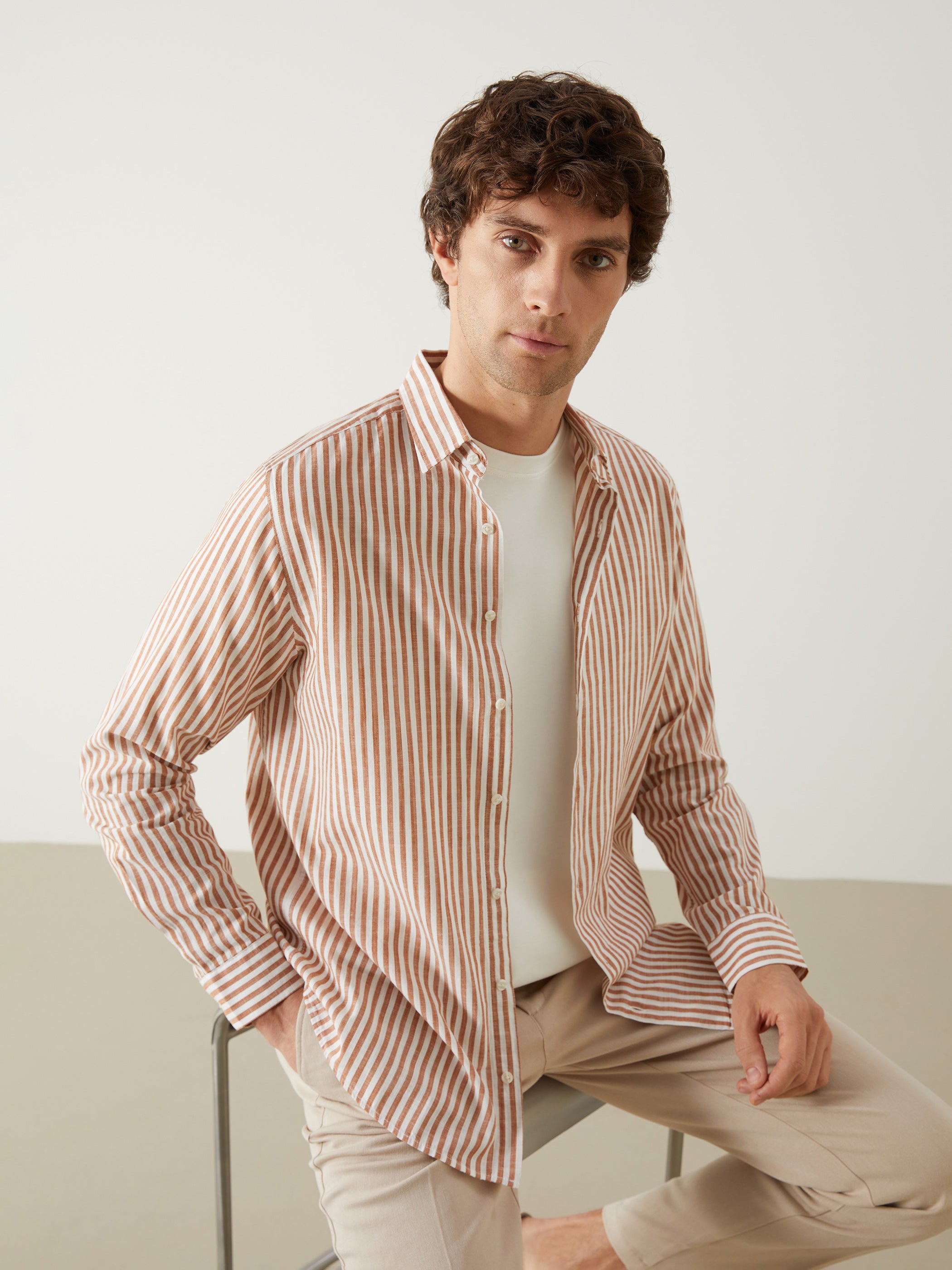 Slim Fit Long Sleeve Striped Poplin Men Shirt