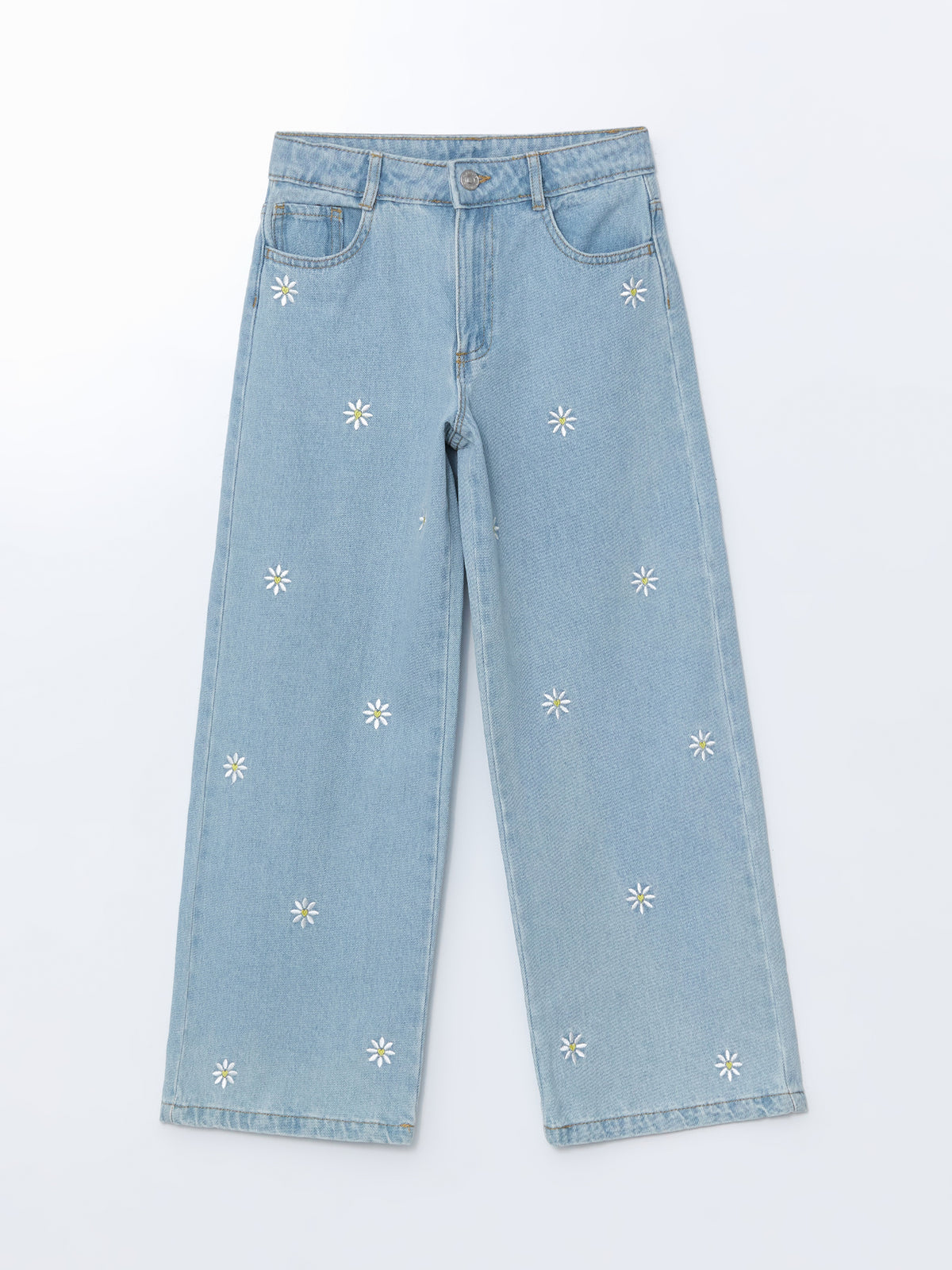 Adjustable Waist Elastic Flower Embroidered Girls Trousers