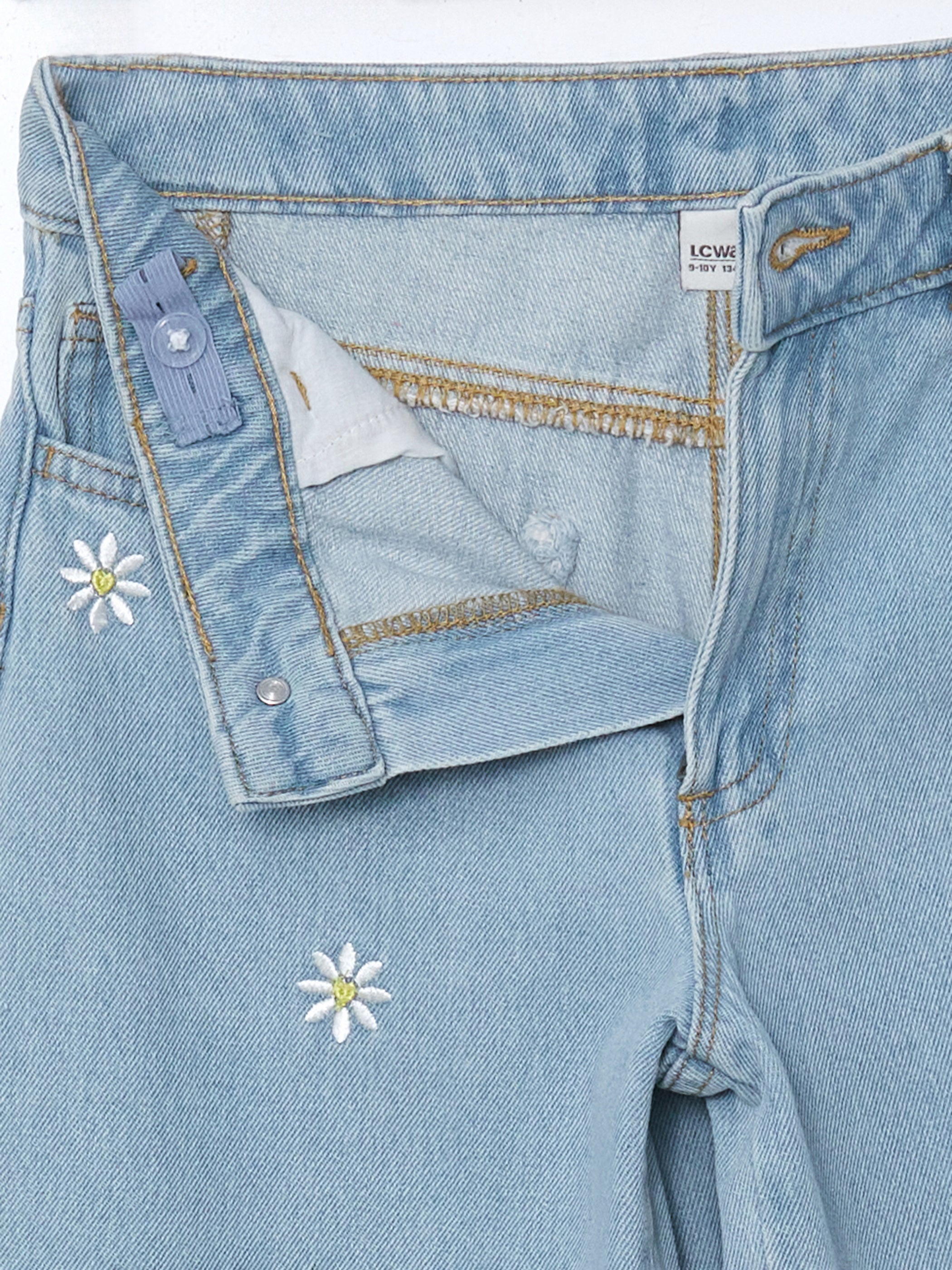 Adjustable Waist Elastic Flower Embroidered Girls Trousers
