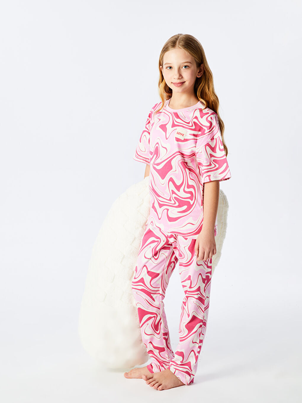 LCW Kids Pink Crew Neck Printed Girls Pajama Set