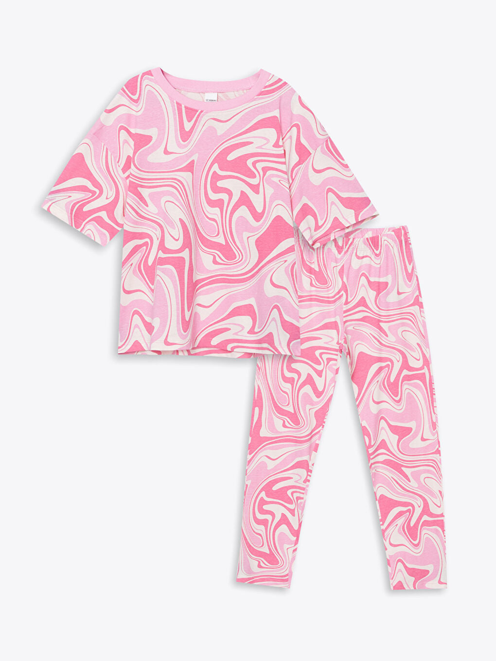 LCW Kids Pink Crew Neck Printed Girls Pajama Set