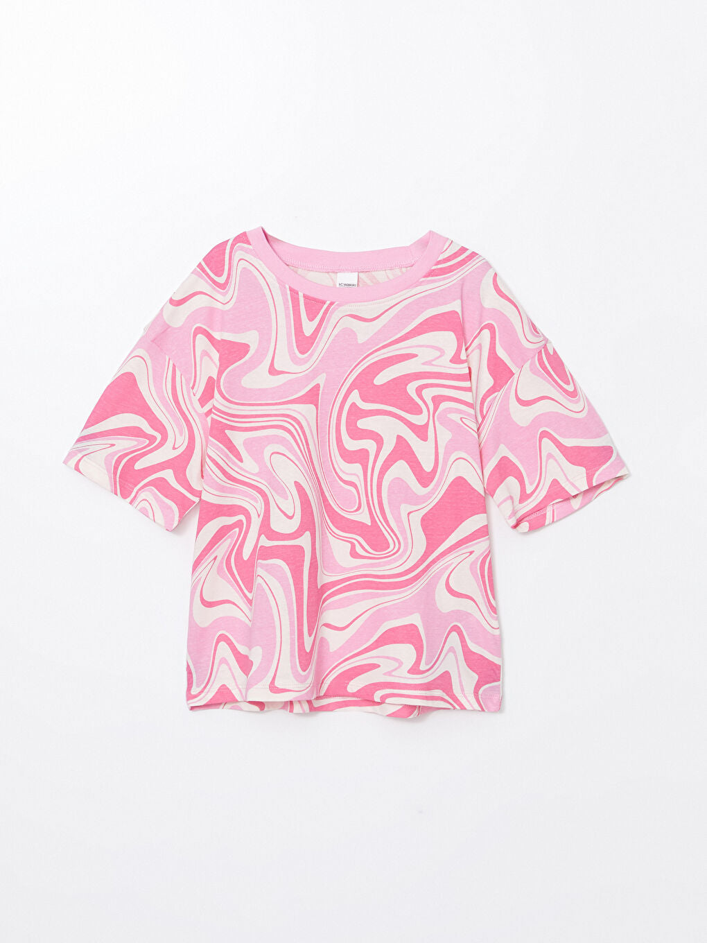 LCW Kids Pink Crew Neck Printed Girls Pajama Set