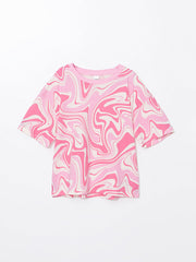 LCW Kids Pink Crew Neck Printed Girls Pajama Set