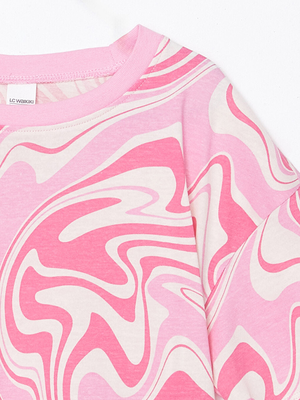 LCW Kids Pink Crew Neck Printed Girls Pajama Set