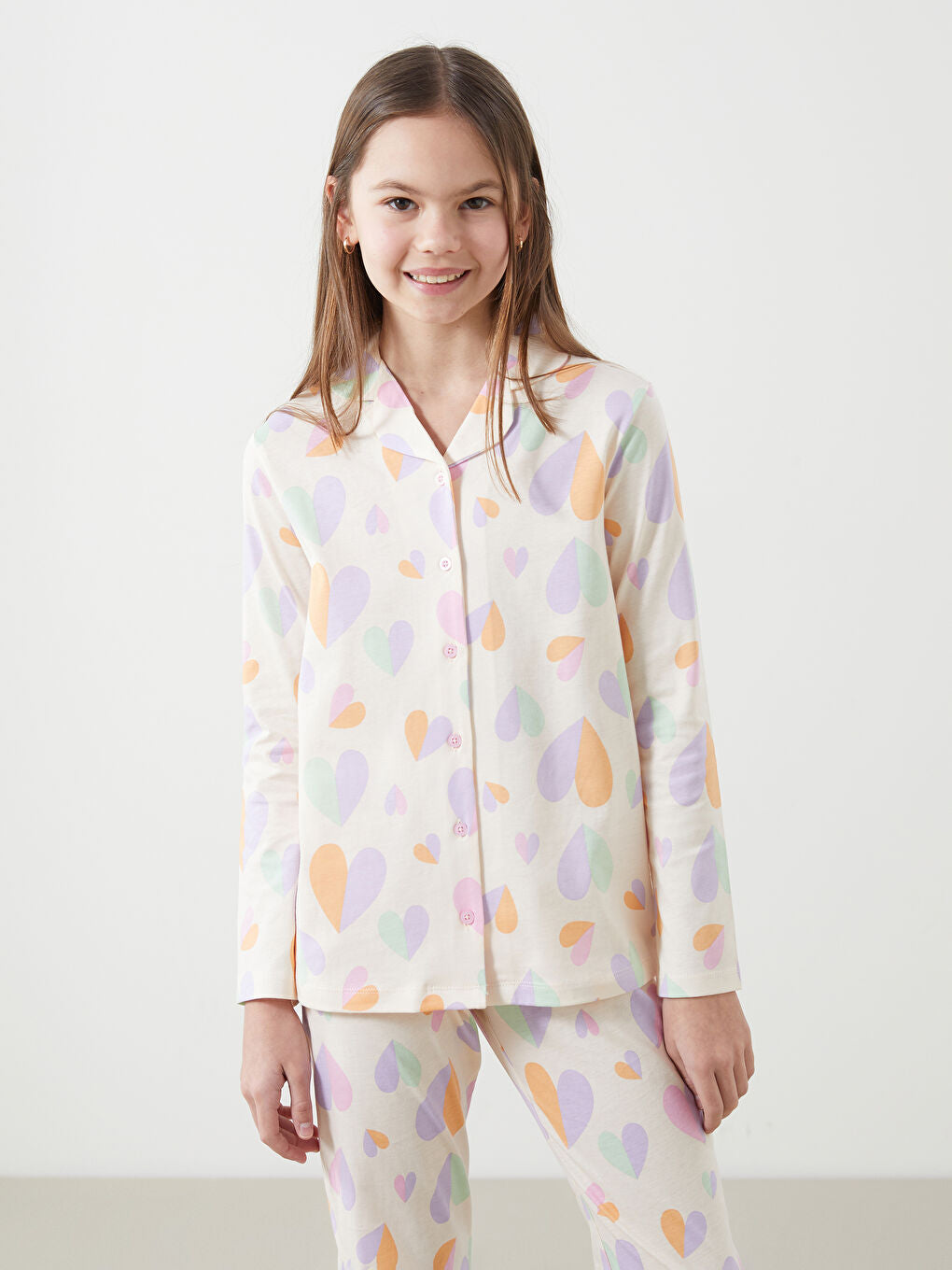 LCW Kids Beige Shirt Collar Girls Pajama Set