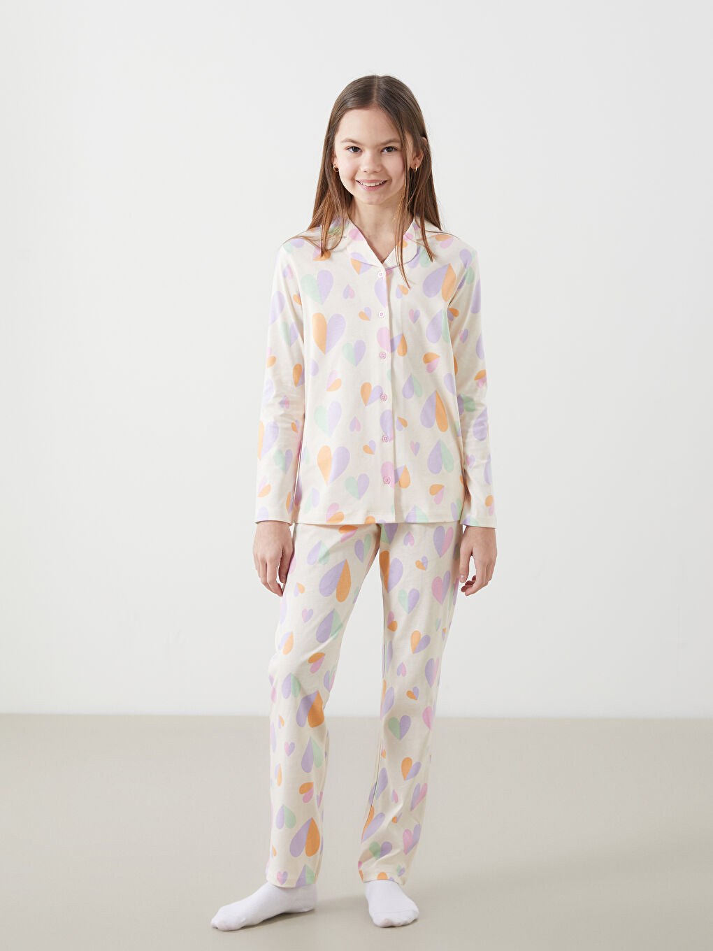 LCW Kids Beige Shirt Collar Girls Pajama Set