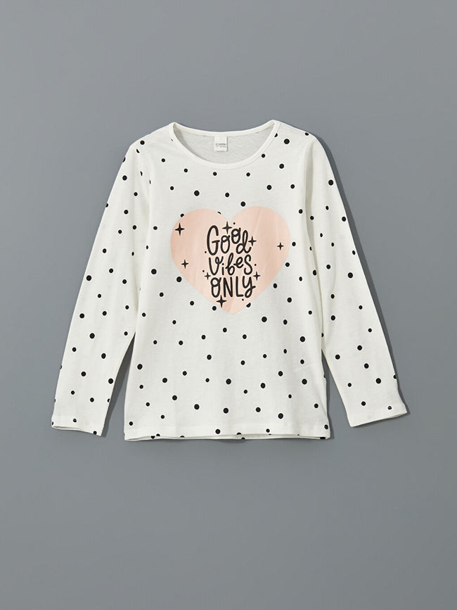 LCW Kids Ecru Crew Neck Girls Pajama Set Main Image