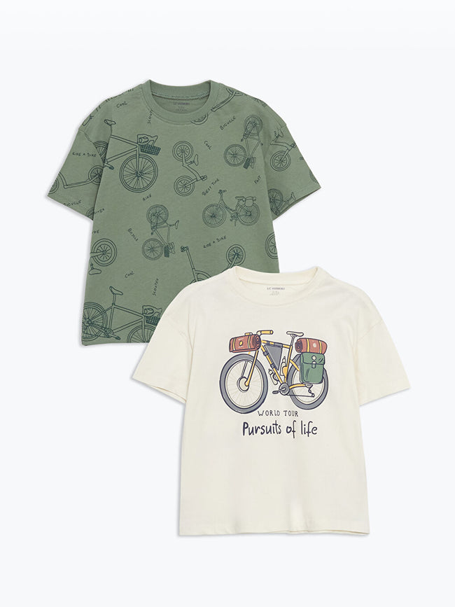 LCW Kids Beige Crew Neck Long Sleeve Printed Boy T-Shirt 2-Pack Hover Image