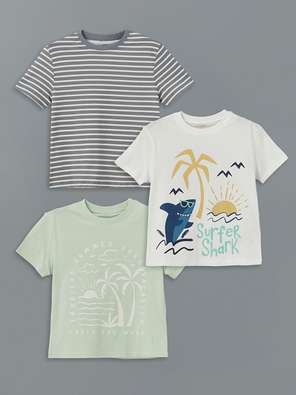 LCW Kids Ecru Crew Neck Printed Boys T-Shirt 3-Pack