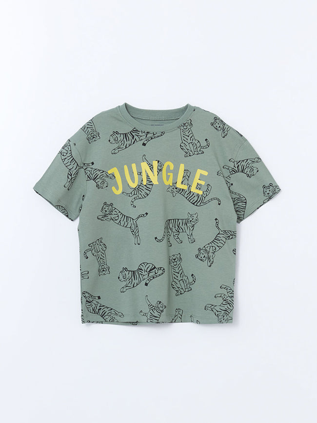 LCW Kids Khaki Crew Neck Printed Boys T-Shirt Hover Image