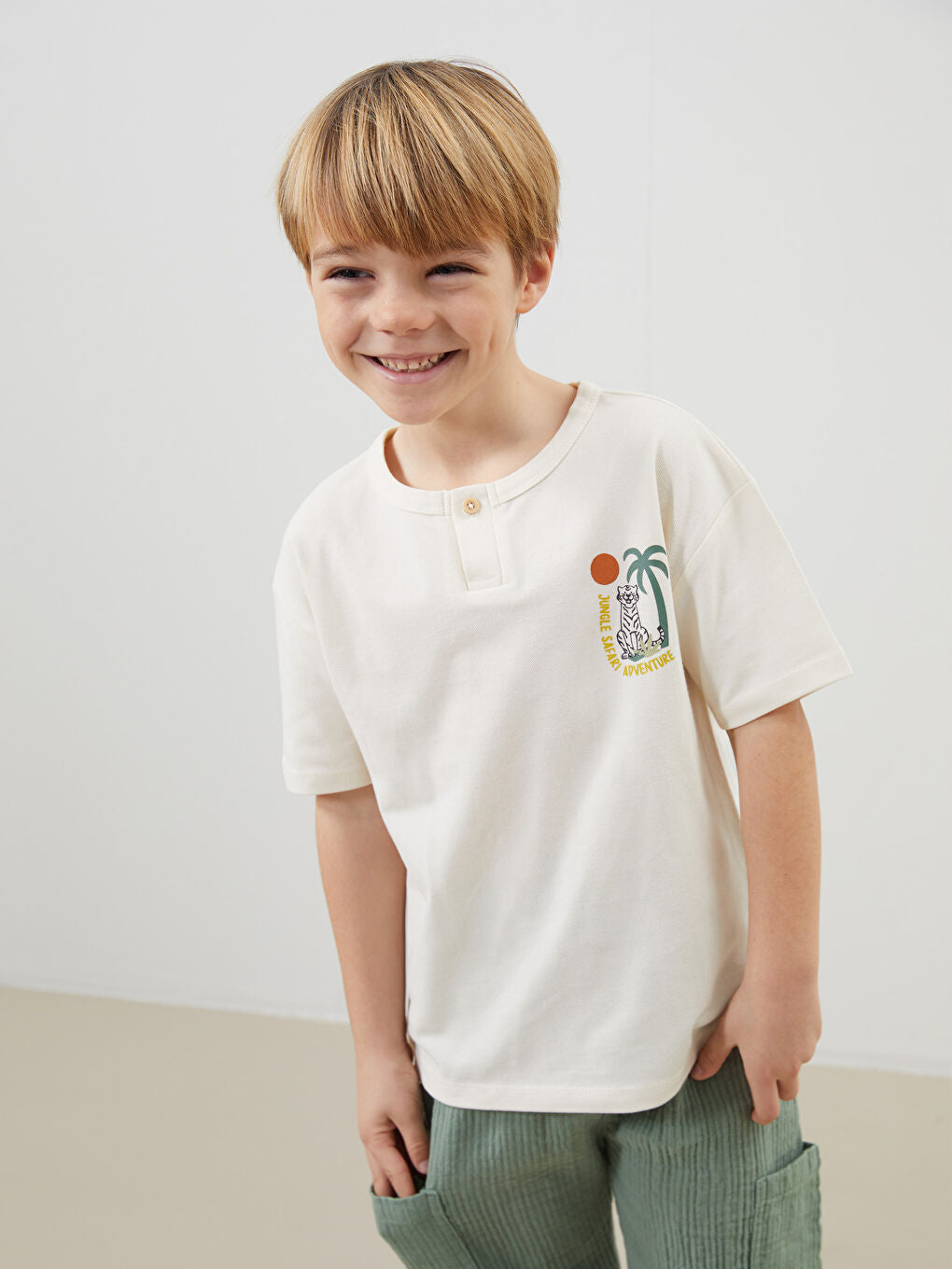 LCW Kids Beige Crew Neck Printed Boy T-Shirt
