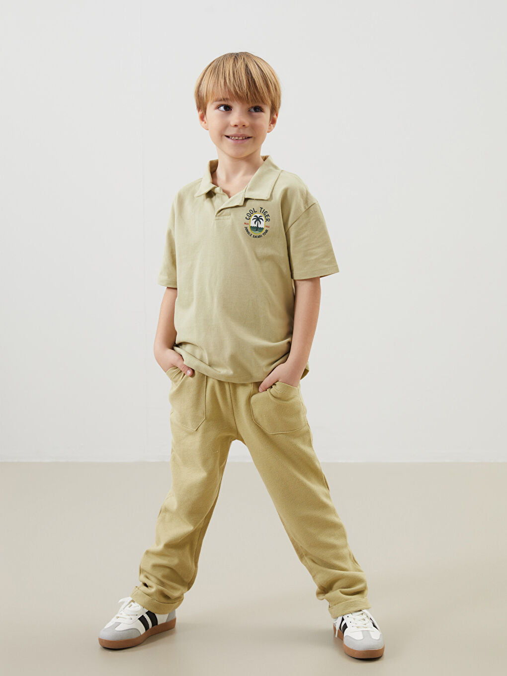 LCW Kids Khaki Resort Collar Printed Boys T-Shirt