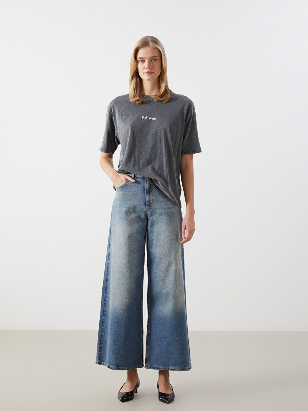 LCW Vision Anthracite Crew Neck Printed Oversize Women T-Shirt