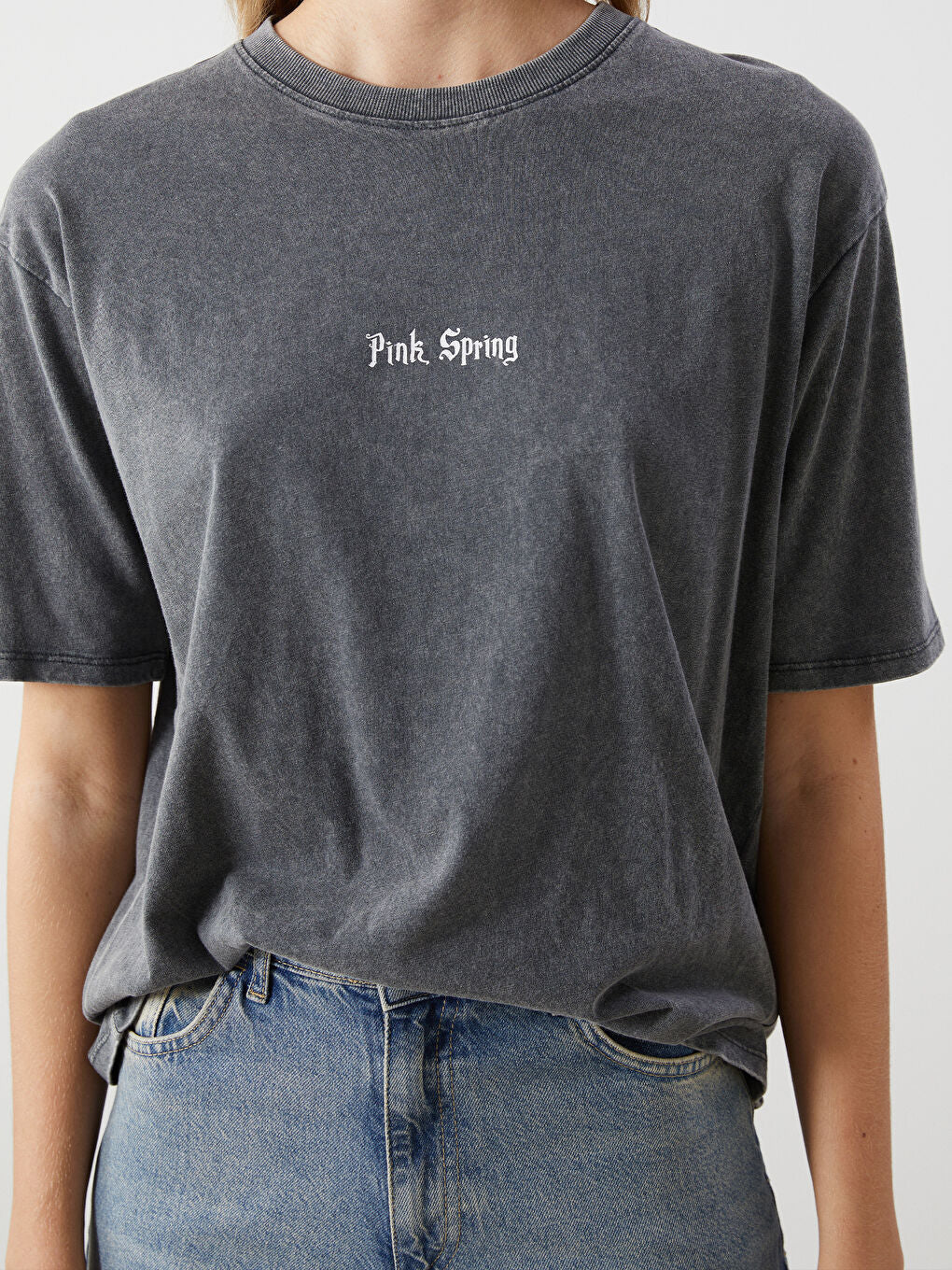 LCW Vision Anthracite Crew Neck Printed Oversize Women T-Shirt