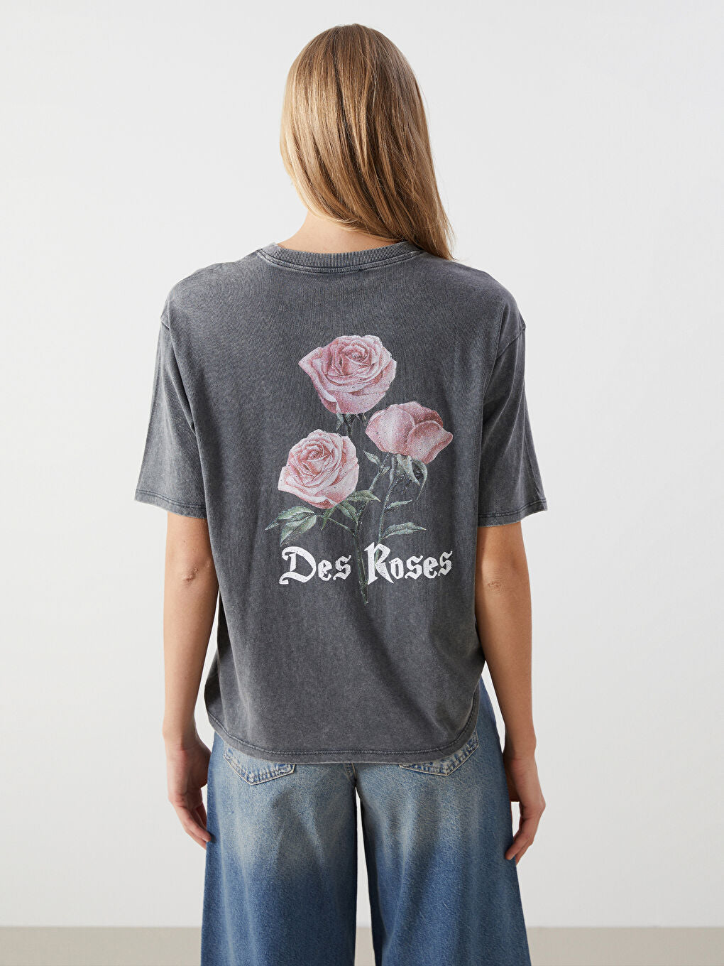 LCW Vision Anthracite Crew Neck Printed Oversize Women T-Shirt