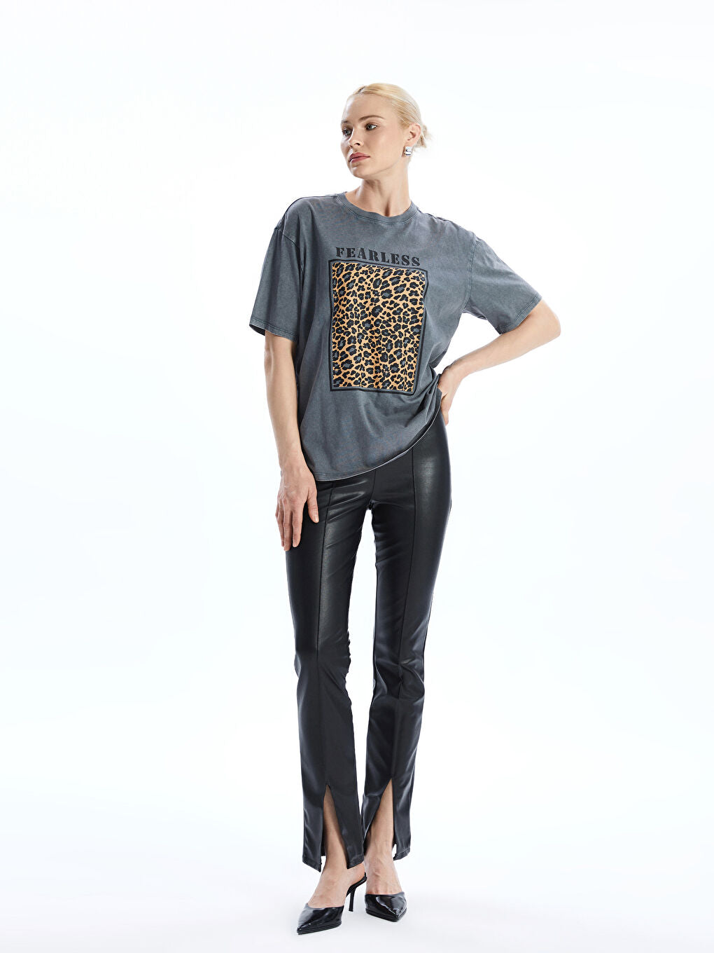 LCW Vision Anthracite Crew Neck Leopard Patterned Women T-Shirt
