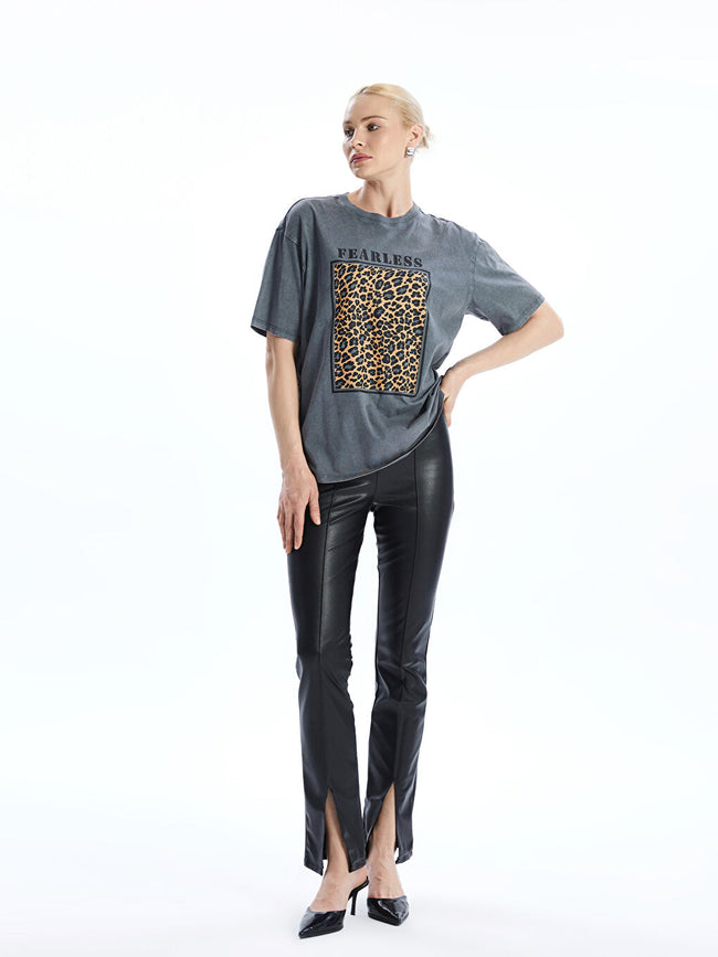 LCW Vision Anthracite Crew Neck Leopard Patterned Women T-Shirt Main Image