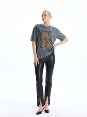 LCW Vision Anthracite Crew Neck Leopard Patterned Women T-Shirt