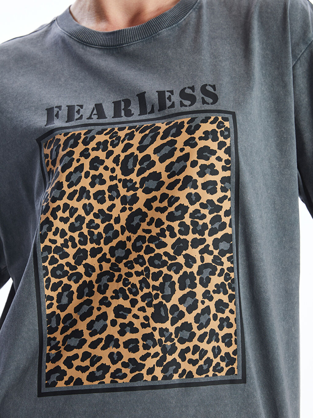 LCW Vision Anthracite Crew Neck Leopard Patterned Women T-Shirt