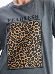 LCW Vision Anthracite Crew Neck Leopard Patterned Women T-Shirt