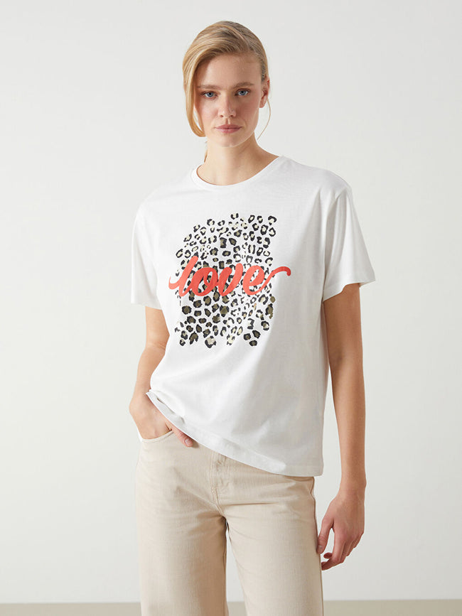 LCW Vision Ecru Crew Neck Printed Women T-Shirt Hover Image