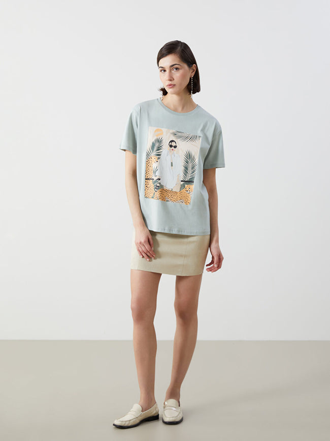 LCW Vision Green Crew Neck Printed Women T-Shirt Main Image