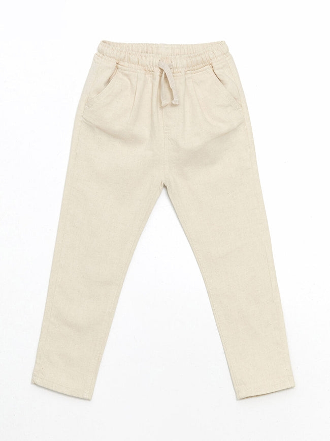 LCW Kids Beige Elastic Waist Basic Linen Boy Trousers Hover Image