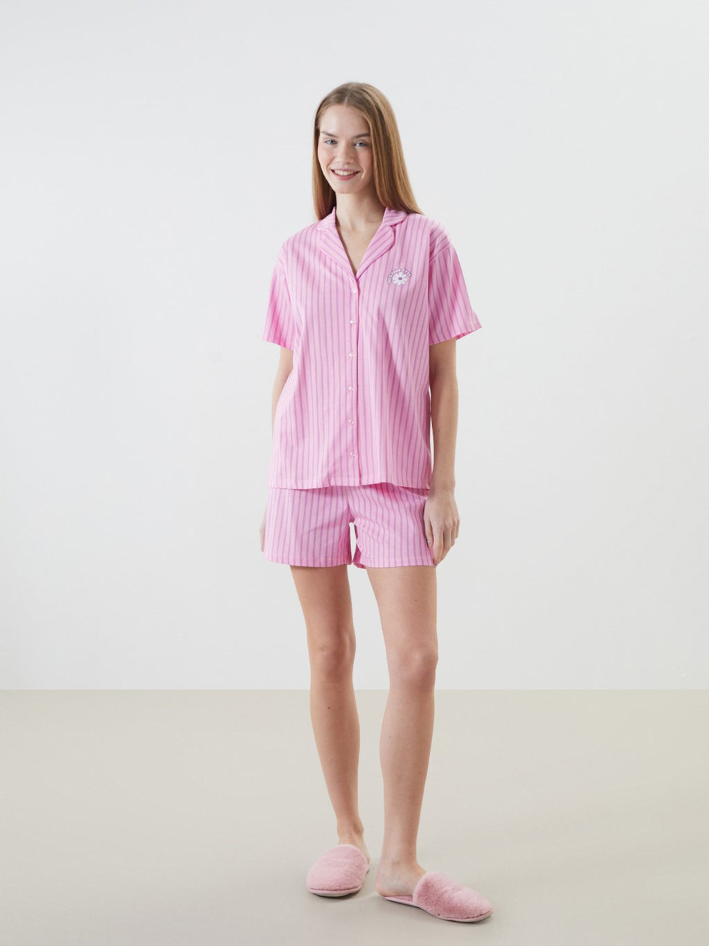 LCW Young Shirt Collar Striped Women Shorts Pajama Set