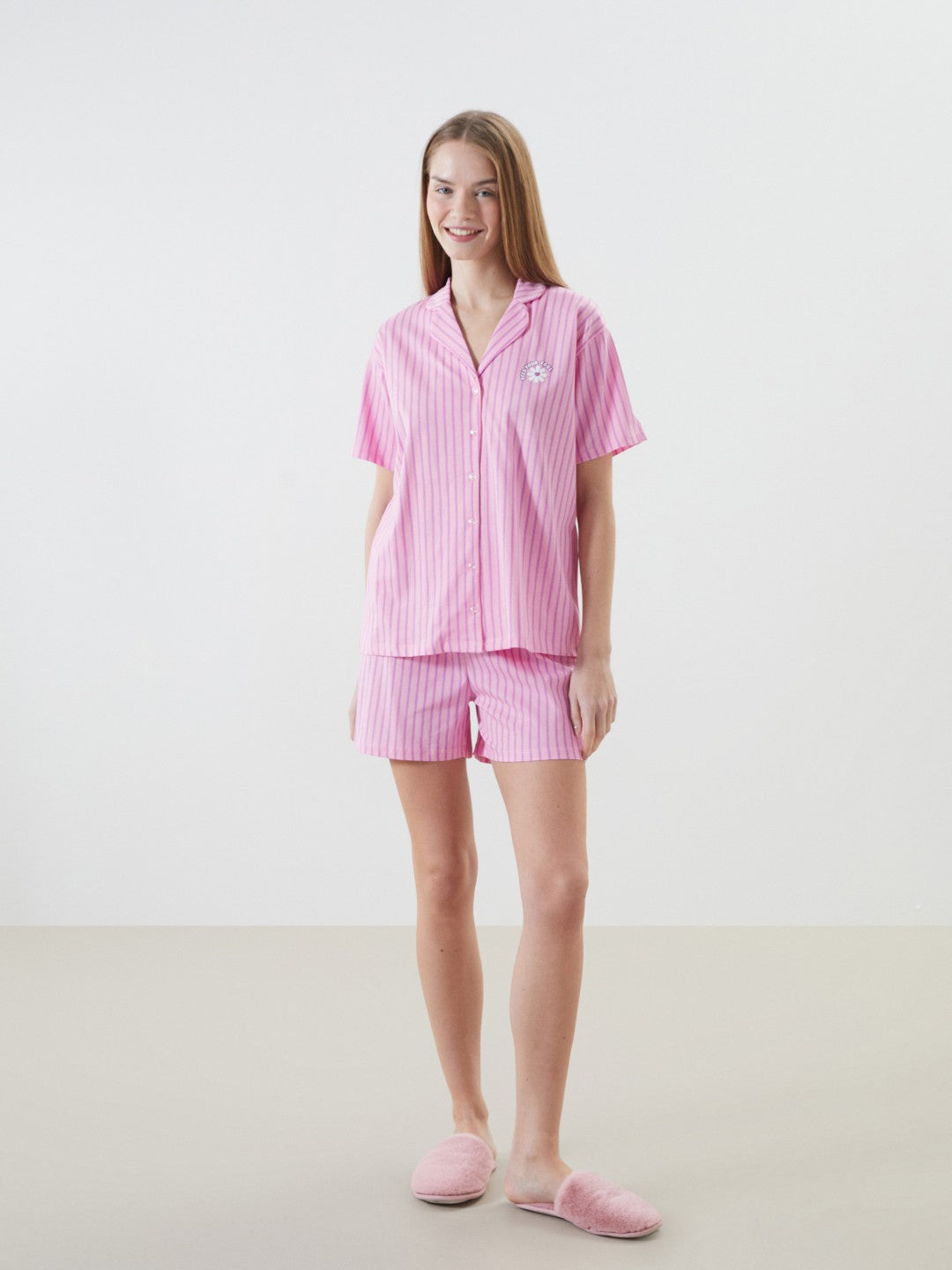 LCW Young Shirt Collar Striped Women Shorts Pajama Set